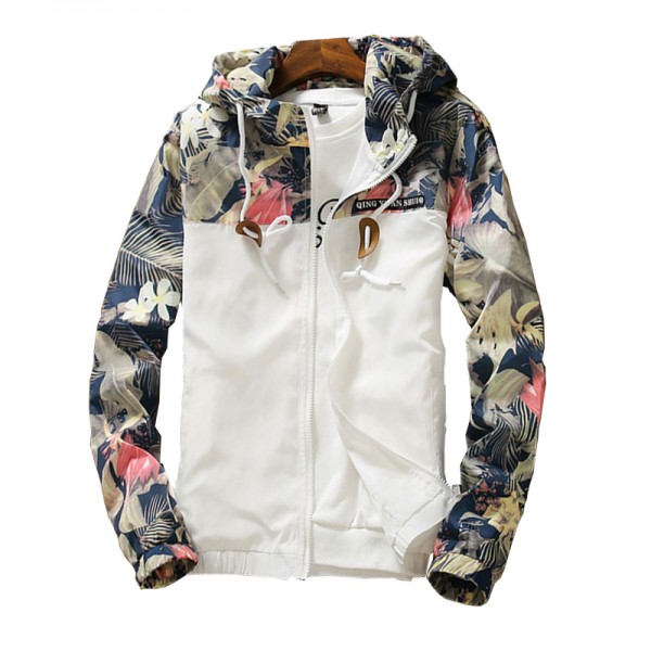 Women Hooded Jackets Floral Windbreaker Basic Jackets Coats Zipper Lightweight Jackets 